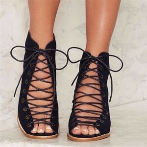 Jeffrey Campbell black suede peep toe lace-up heeled ankle booties 9.5